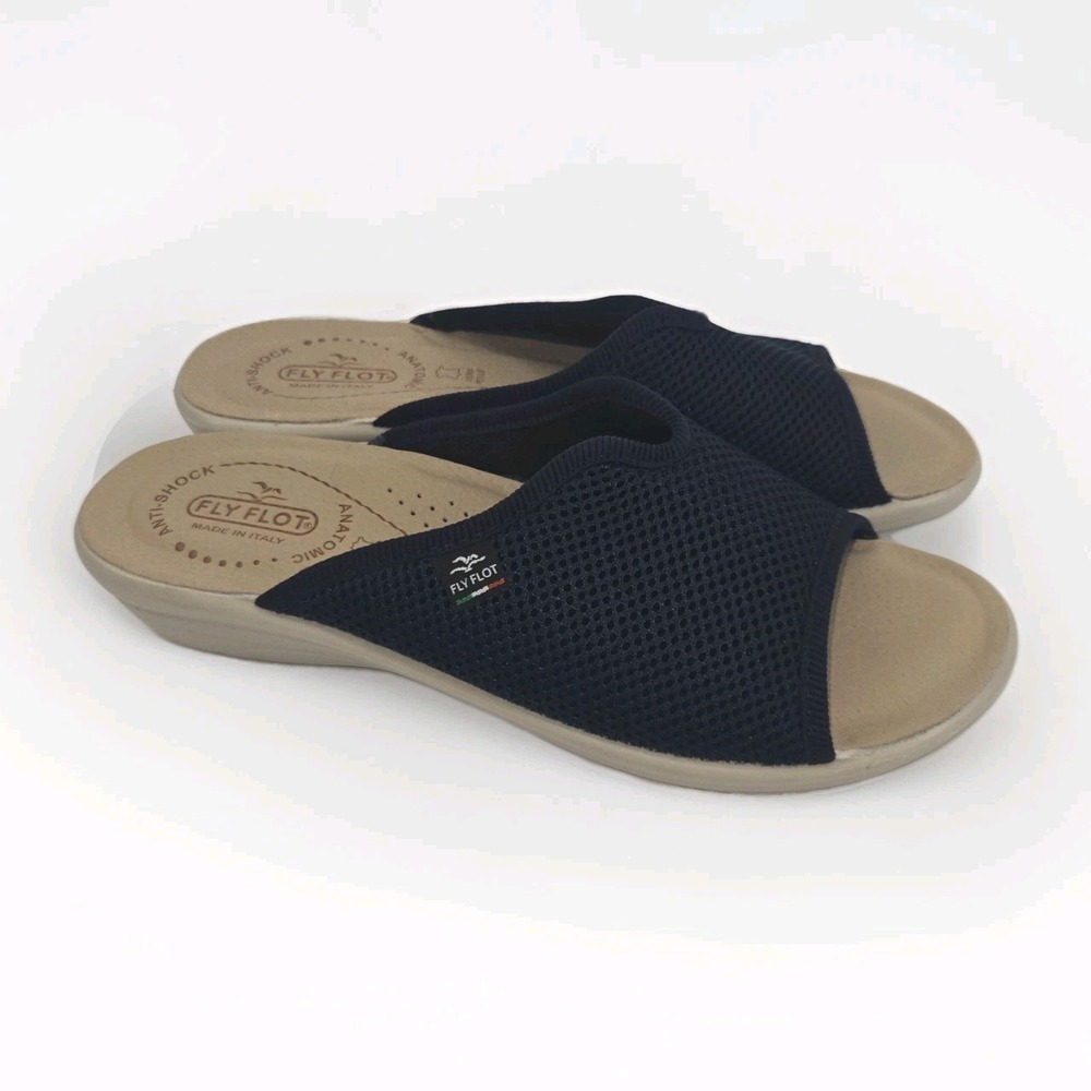 Fly Flot Italian Anatomic Mesh Women's Navy Wedge Slide Casual Sandals - 10